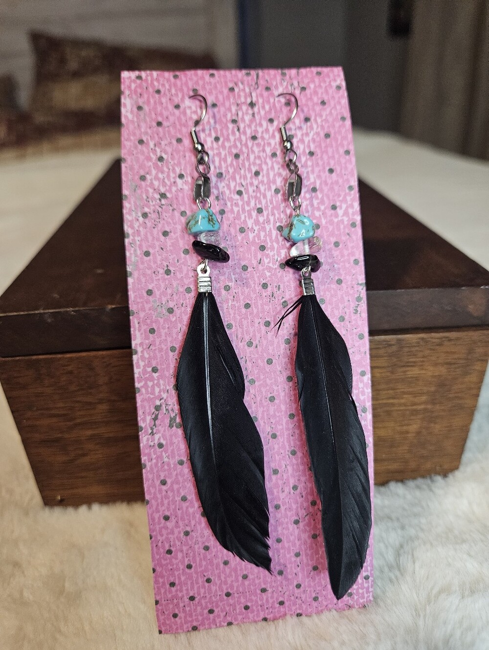 Black Feather Turquoise Tone Dangle Earrings - Bohemian, Festival, Western